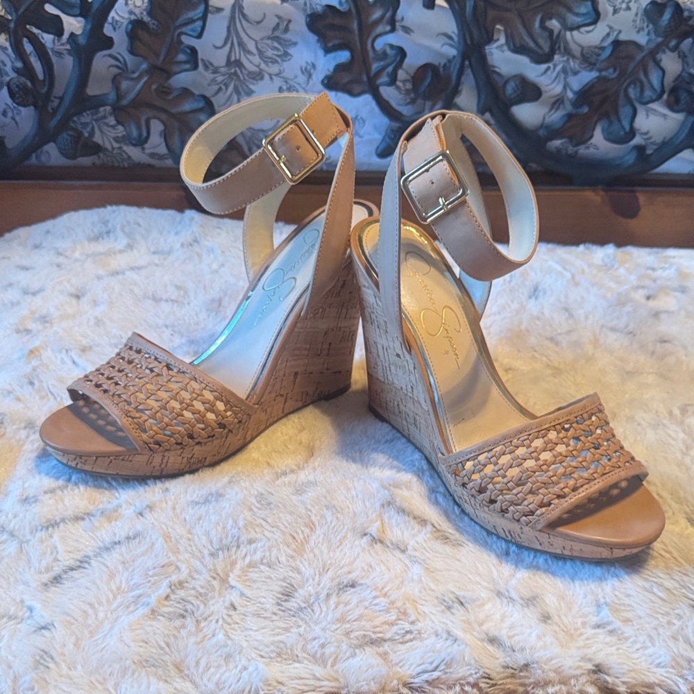 Jessica Simpson Tan Woven Wedges